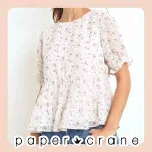 Paper Crane | White & Pink Floral Peplum Top